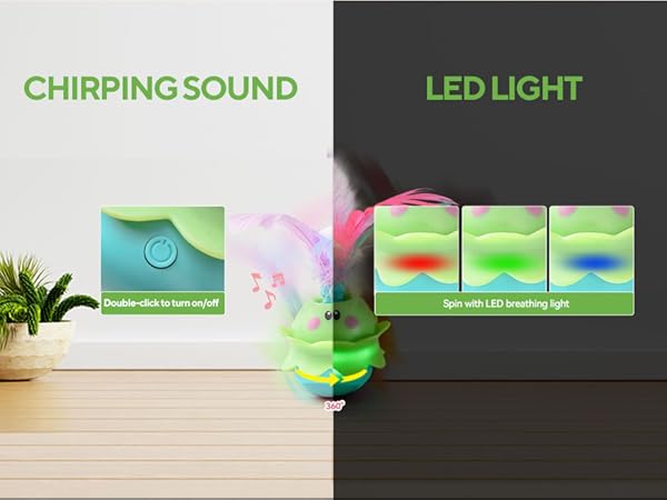 Text reads 'CHIRPING SOUND' and 'LED LIGHT'. Display showing different color LED light patterns in green waves, with decorative plant in background.