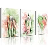 Frimeeme Watercolor Girly Wall Art, Boba Tea, Makeup Brushes and Heart, Teen Girls Bedroom Decor,...