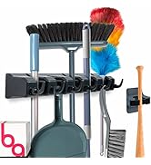 Combo 5 Slot Broom Holder w/ 1 Self Adhesive Mop Gripper No-Drilling, Wall Mount Tool Organizers ...