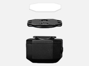 Three views of black circular robotic vacuum cleaner displayed at different angles on white background.