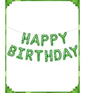 Calmi Green Pixel Miner Happy Birthday Banner Party Decorations with Pixel Balloons - Pixel Backd...