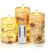 Da by 3 Pack Birch Bark Real Wax Flameless Candles, Flickering LED Taper Candles with Copper Stri...