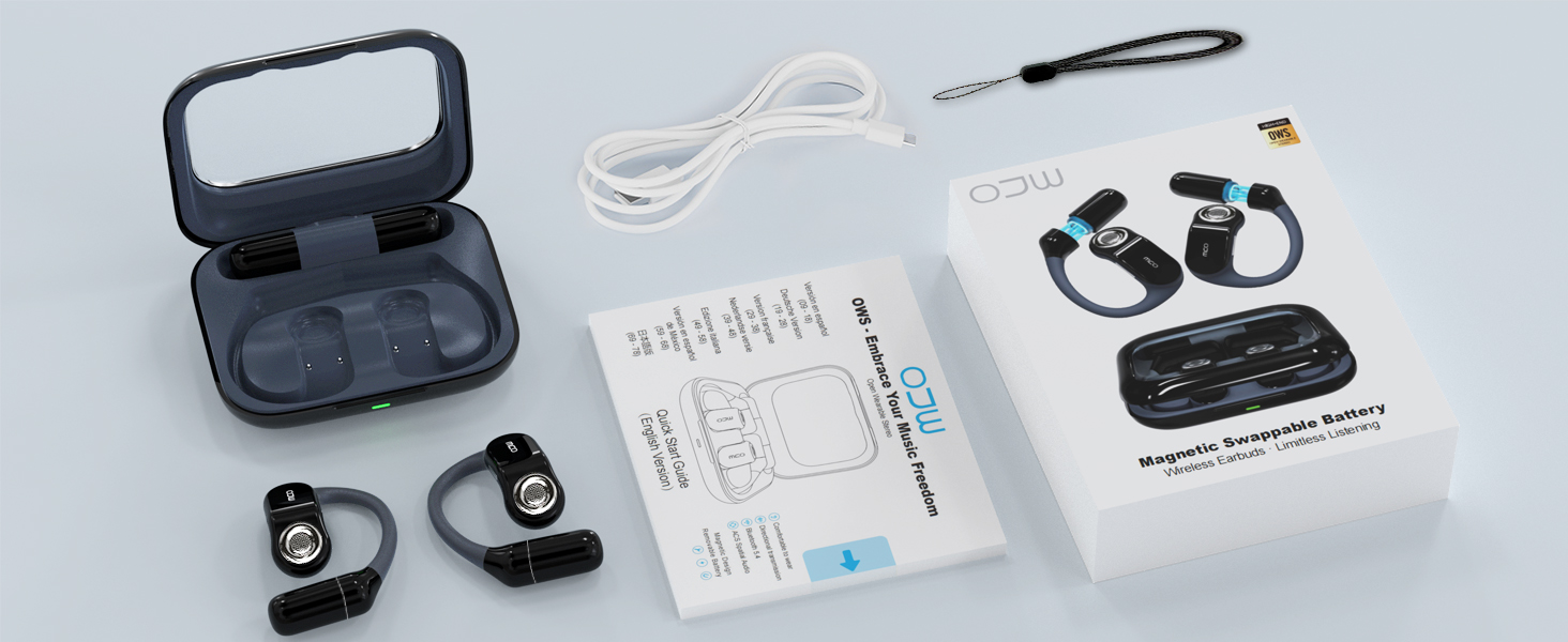 What's included: headphones, spare batteries, charging cable, user manual, and lanyard.
