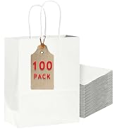 Bakepacker 100-Pack Large Size Gift Paper Bags with Handles Bulk 13"x10.3"x4.6" White Party Kraft...