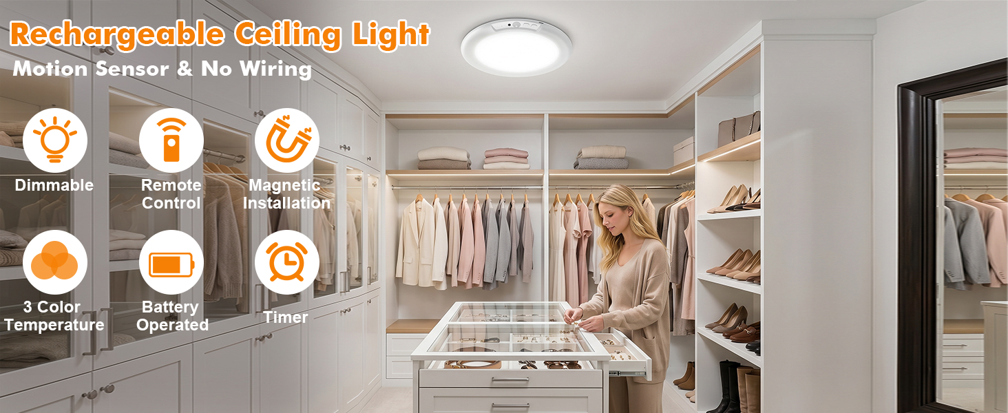 Rechargeable Ceiling Light, Magnetic Motion Sensor Ceiling Lights Wireless Battery Operated