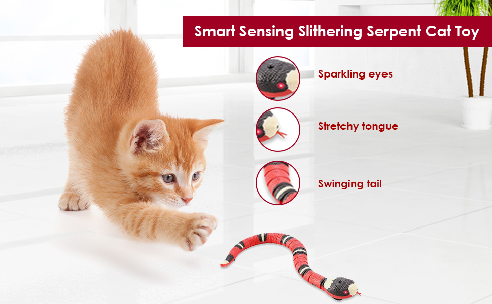Our snake cat toy has sparkling eyes, stretchy tongue and a swinging tail