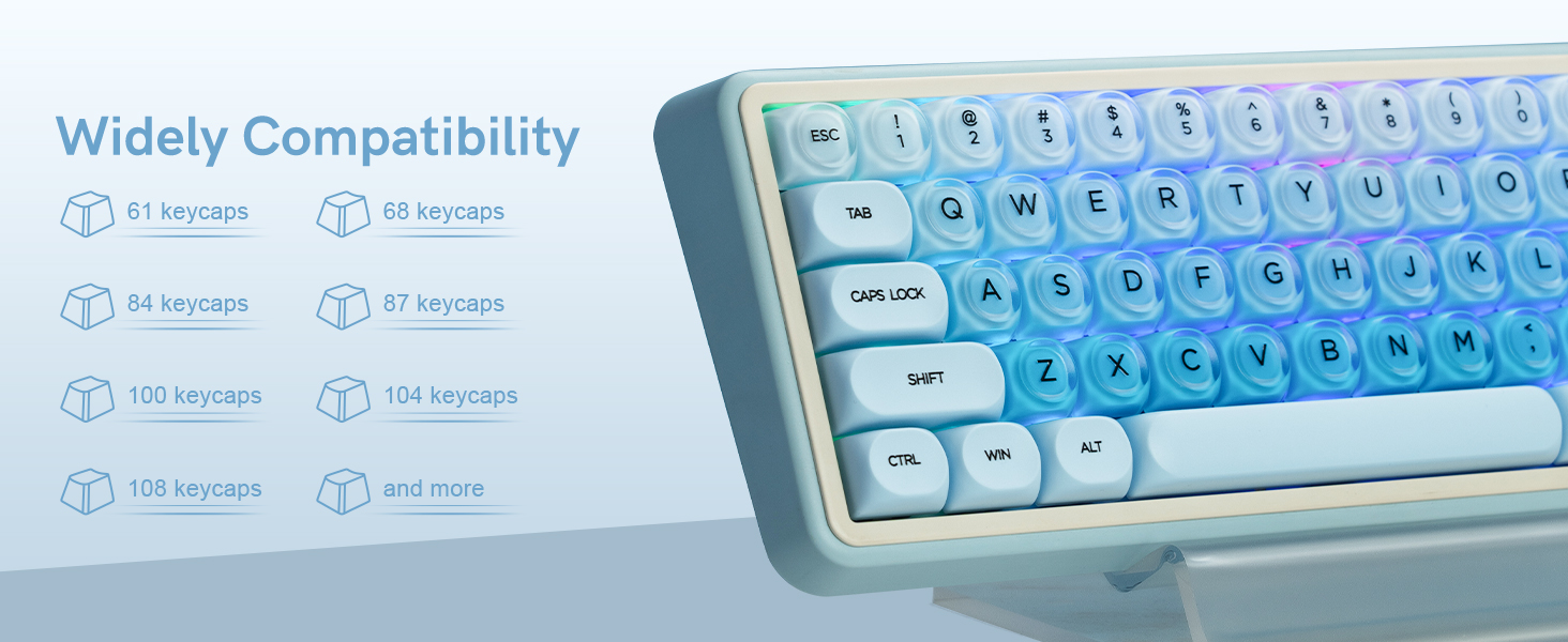 wide compatibility, suitable for keyboards with 61, 68, 84, 87, 100, 104, 108 keycaps and more.