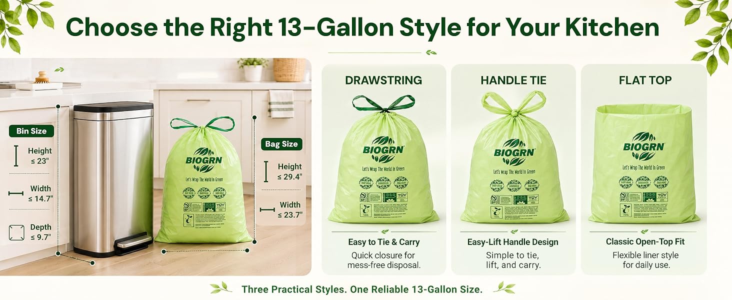 Drawstring, handle-tie, and flat-top 13 gallon bag styles.