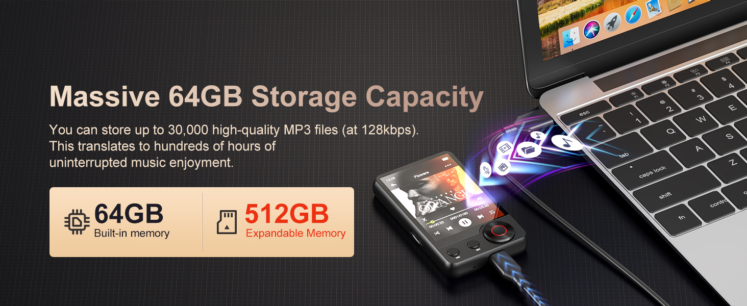Text reads 'Massive 64GB Storage Capacity', 'You can store up to 30,000 high-quality MP3 files or 170hrs', 'of video and photo content', '64GB', '512GB'. Digital storage device advertisement highlighting large capacity specifications for audio, video, and photo content.