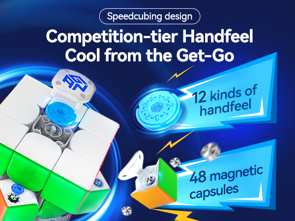 Speedcubing puzzle cube with competition-tier handfeel. Features 12 types of handfeel and 48 magnetic capsules. Cube shown in white, green, and orange colors.