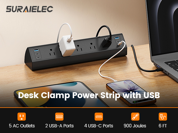 Desk Clamp Power Strip with USB