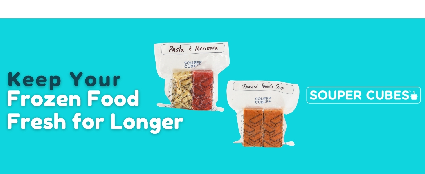 Souper Cubes 8x10 Vacuum Seal Bags on Teal Background with Souper Cubes Logo