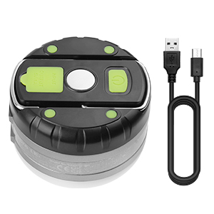 Black circular robot vacuum cleaner with green accent, showing USB charging cable. Device appears compact and portable.