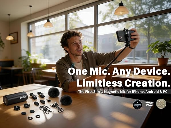 Shisuo wireless microphone with a compact charging case for iPhone and Android phones