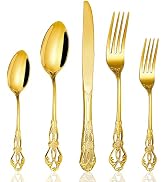 Cididu 40 Pieces Gold Silverware Set for 8, Retro Royal Utensils Set Gold, Stainless Steel Flatwa...