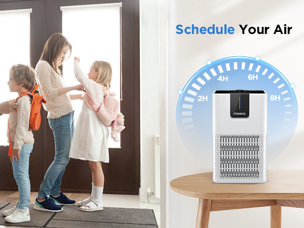 Air purifier with timer settings for 2 4 6 8 hours to schedule automatic operation and save energy