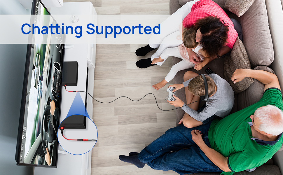 Text reads 'Chatting Supported'. People using devices in a home setting, demonstrating online communication capabilities.