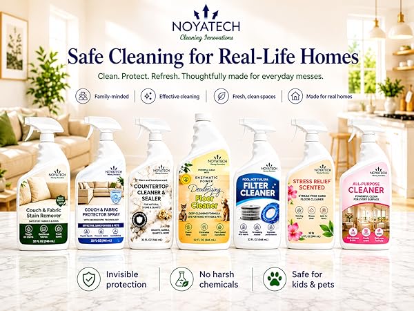 NOYATECH cleaning line with couch stain remover, floor cleaner, countertop and fabric care sprays