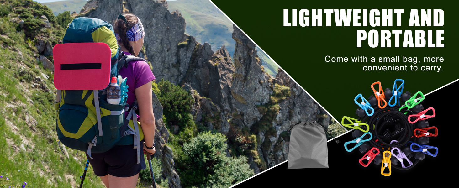 The clothesline can fold into a pocket-sized package—ideal for travelers and outdoor enthusiasts.
