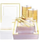 Festiva 350Pcs Clear Plastic Plates with Gold rim - Clear Gold Disposable Dinnerware for 50 Guest...