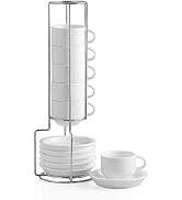SWEEJAR Porcelain Espresso Cup & Saucer Set, Stackable Demitasse Cups with Metal Stand, 2.5 OZ fo...