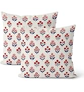 DAFENA 4th of July Pillow Covers 18x18 Inch 2 Pcs Red Blue Block Print Vintage Floral Patriotic O...