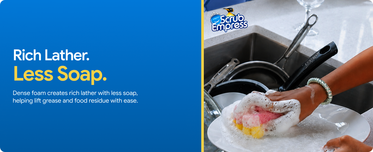 Dual-sided scrub sponge provides gentle cleaning for glassware and strong scrubbing