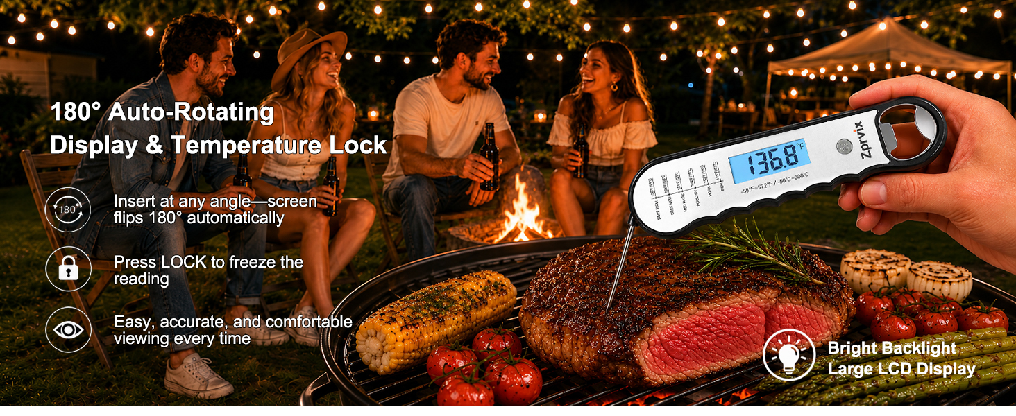 Meat thermometer with 180° rotating display and temperature lock for BBQ, smoker, outdoor grilling