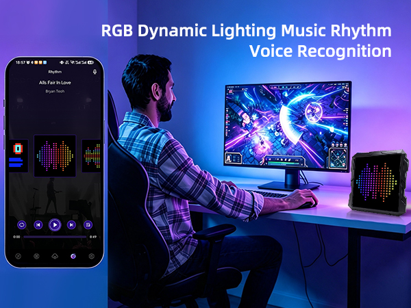 Text reads 'RGB Dynamic Lighting Music Rhythm Voice Recognition'. Gaming setup with smartphone displaying colorful app interface, person wearing headphones at desk with RGB-lit monitor and speakers creating immersive lighting ambiance.
