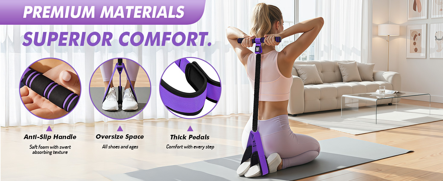 Woman using a purple resistance band; highlights anti-slip handles and thick, comfy pedals.