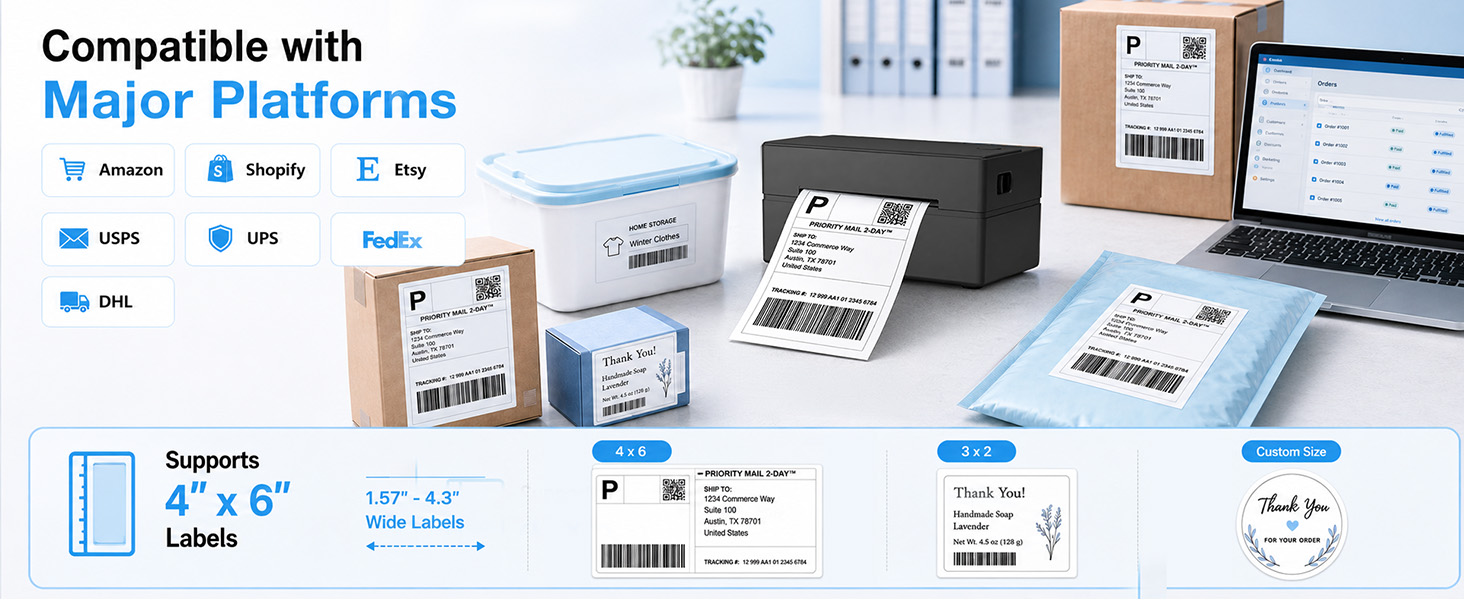 Bluetooth Thermal Shipping Label Printer 4x6 Wireless Label Maker with Tape for Small Business