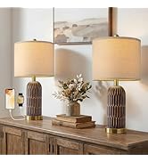 OYEARS 22.5" Bedside Table Lamps Set of 2, Farmhouse Table Lamp with USB A+C Charging Ports, Vint...
