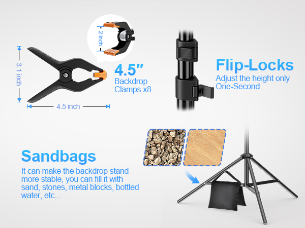 EMART Backdrop Stand 10x7ft with 8x 4.5inch Backdrop Clamps, 2 Sandbags, Flip-Locks One-Second Open