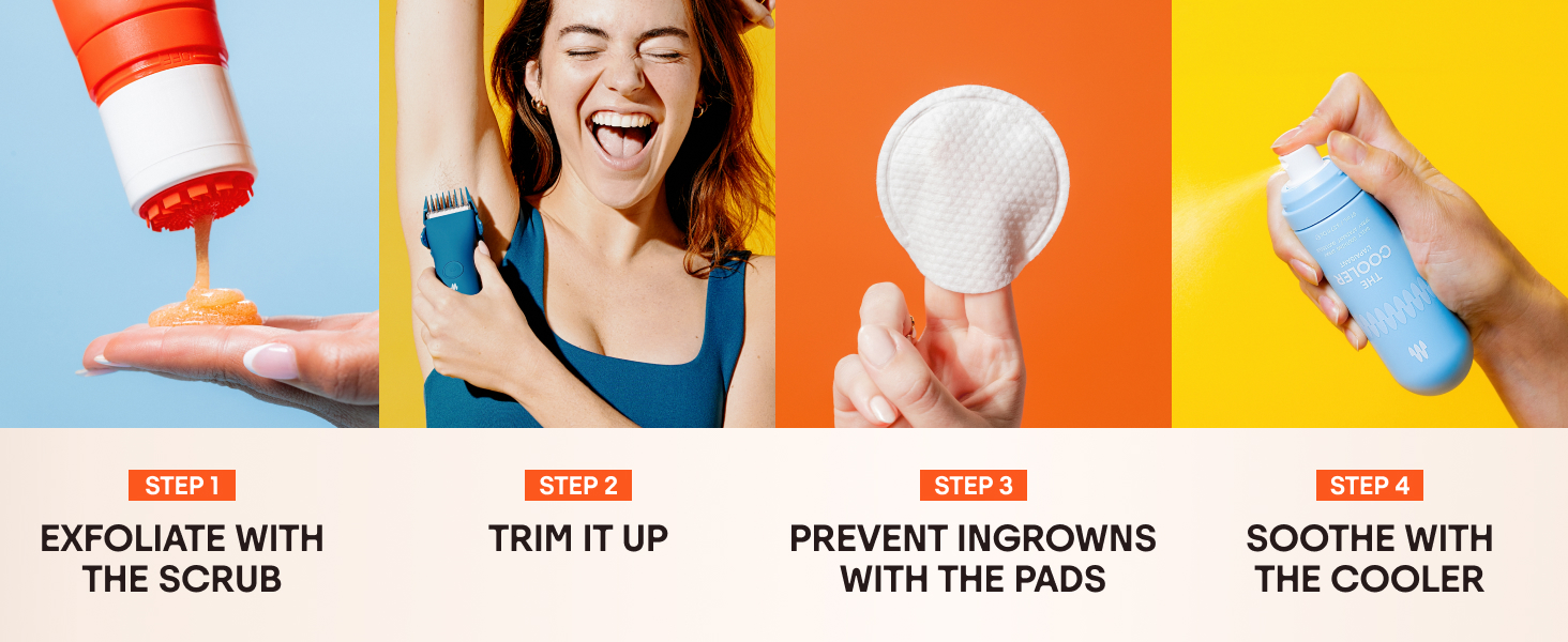 Exfoliate with the scrub, Trim it up, Prevent Ingrowns with the pads, Soothe with the Cooler