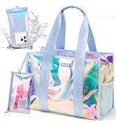 Beach Bags for Women, Clear Iridescent Beach Tote Bag with Makeup Bag & Phone Pouch, Waterproof S...