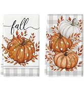 Artoid Mode Orange Buffalo Plaid Leaves Pumpkin Fall Kitchen Towels Dish Towels, 18x26 Inch Farmh...