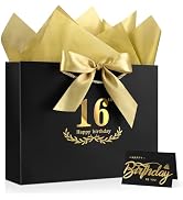 JMANNI Black Gold 16th Birthday Gift Bag with Card and Tissue Paper, 12.6"×9.84"×3.9" Elegant Pre...