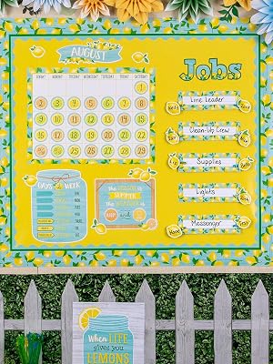 lemon zest theme classroom using lemon yellow, boxwood and white wood better than paper