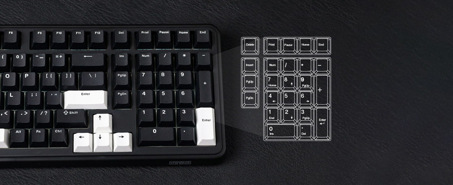 Black mechanical keyboard with white keycaps on arrow keys and Enter key. Adjacent is a schematic outline of a numeric keypad on a dark surface.