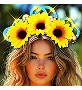 JEAIRTS Light Up Sunflower Headband Glow LED Flower Crown Boho Festival Hair Accessories for Women
