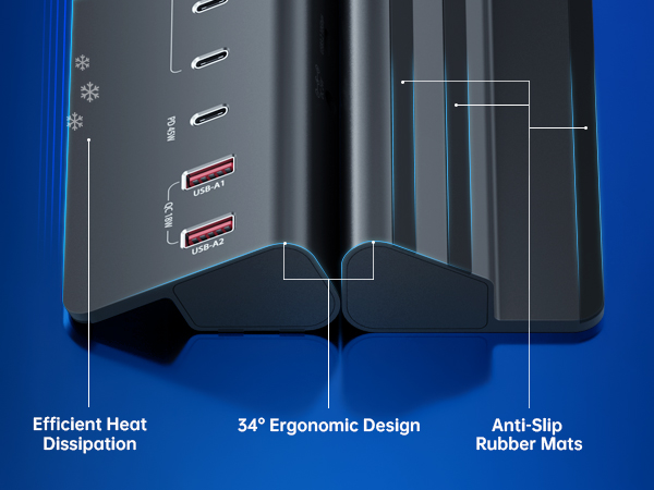 Text reads 'Efficient Heat Dissipation', '54° Ergonomic Design', 'Anti-Slip Rubber Mats'. Dark blue laptop cooling pad with ventilation slots and stand design shown from front angle.