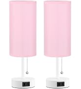 Fenmzee Pink Bedside Table Lamps Set of 2-3 Color Temperatures Pull Chain Lamp with AC Outlet Cha...