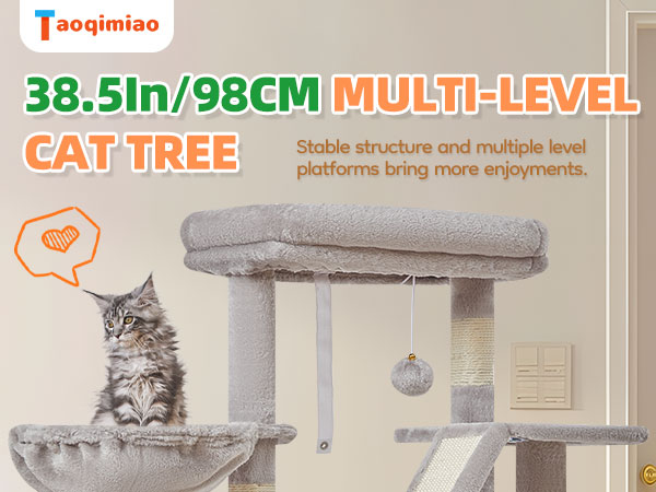 Text reads 'Taoqimiao 38.5in/98CM MULTI-LEVEL CAT TREE'. Product showcase of grey cat furniture with platforms and scratching posts.