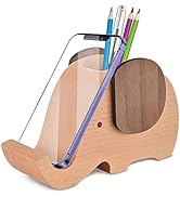 AhfuLife Wooden Elephant Cell Phone Holder/Stand with Pen&Pencil Holder/Pot, Desk Decoration Mult...