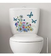 Colorful Flowers and Butterflies Toilet Lid Stickers,Removable Vinyl Botanical Flower Toilet Seat...