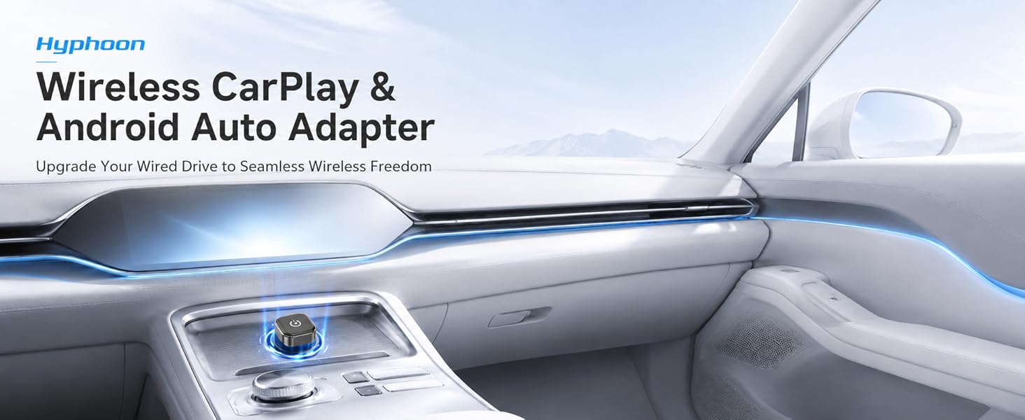 Wireless CarPlay and Android Auto adapter on a modern car console.