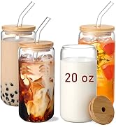 20 OZ Glass Cups with Bamboo Lids and Glass Straw - 4pcs Set Beer Can Shaped Drinking Glasses, Ic...
