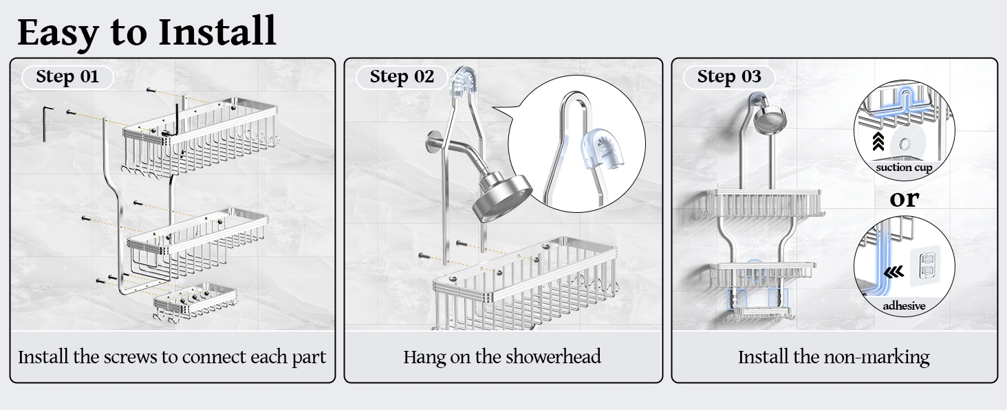 shower organizer hanging over shower head