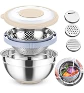 TeamFar Mixing Bowl with Colander, 4.6 QT Stainless Steel Salad Bowl with Airtight Lid Set & 3 Gr...