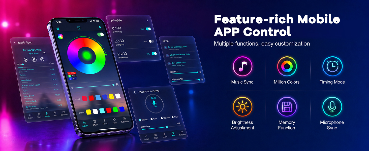 samrt led strip lights app control music sync